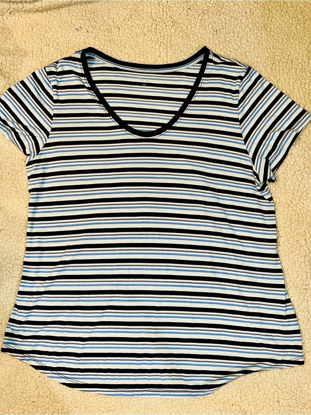 Women's Striped V-Neck Tee - Black, White & Blue